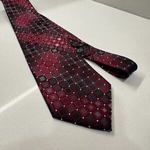 Calvin Klein Tie Mens Red Black‎ Checkered Geometric Necktie 100% Silk Casual